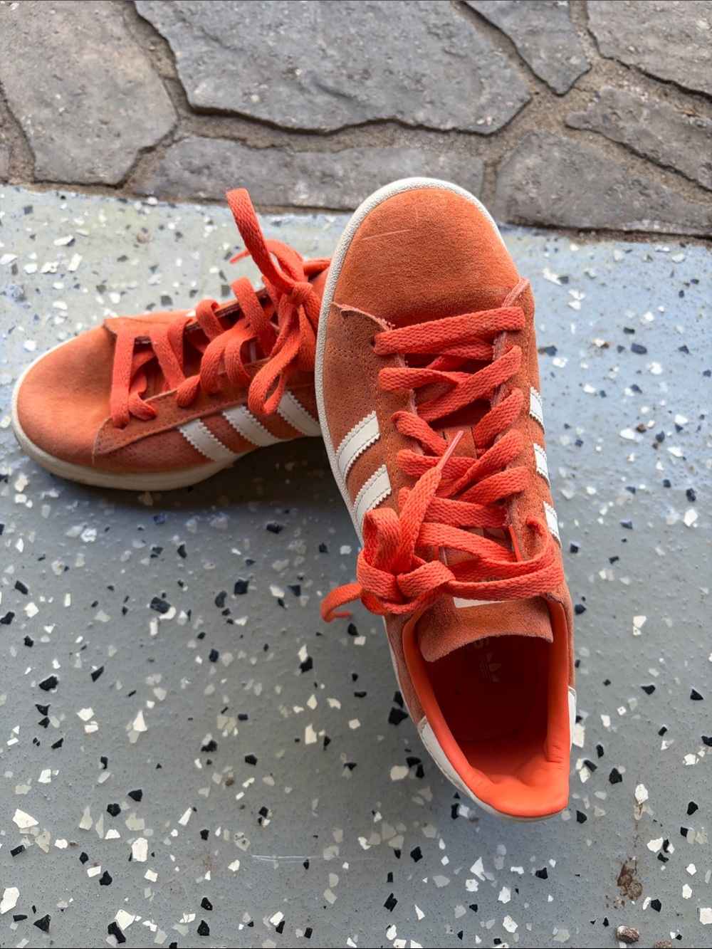 adidas Orange Suede Kids Sneakers with White Stripes - women’s 6.5